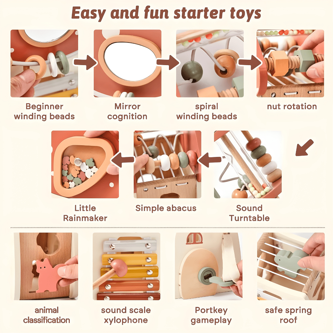 Wooden Mushroom House Activity Cube – 5-in-1 Montessori Busy Toy for Kids