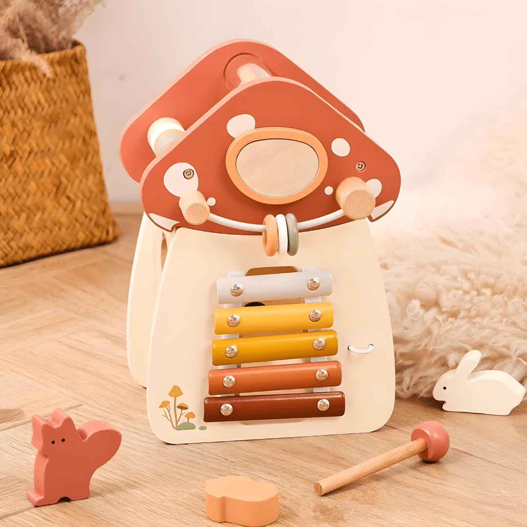 Wooden Mushroom House Activity Cube – 5-in-1 Montessori Busy Toy for Kids