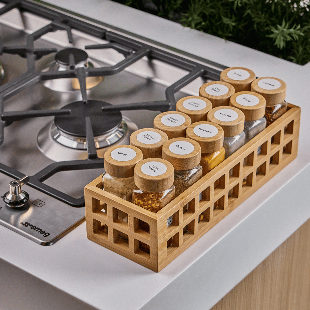 Bamboo Perforated Basket W/ 12 Spice Jar Shakers