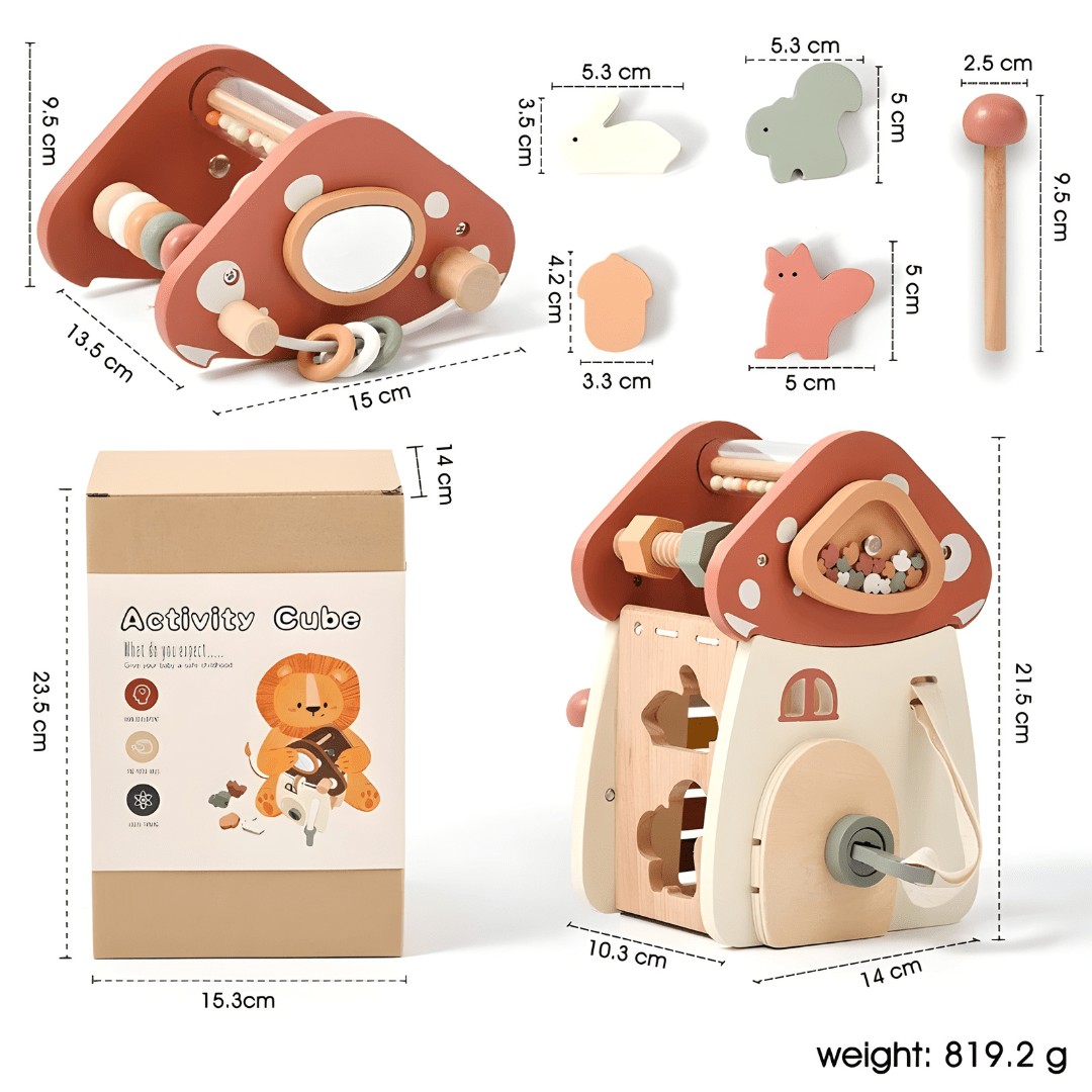 Wooden Mushroom House Activity Cube – 5-in-1 Montessori Busy Toy for Kids