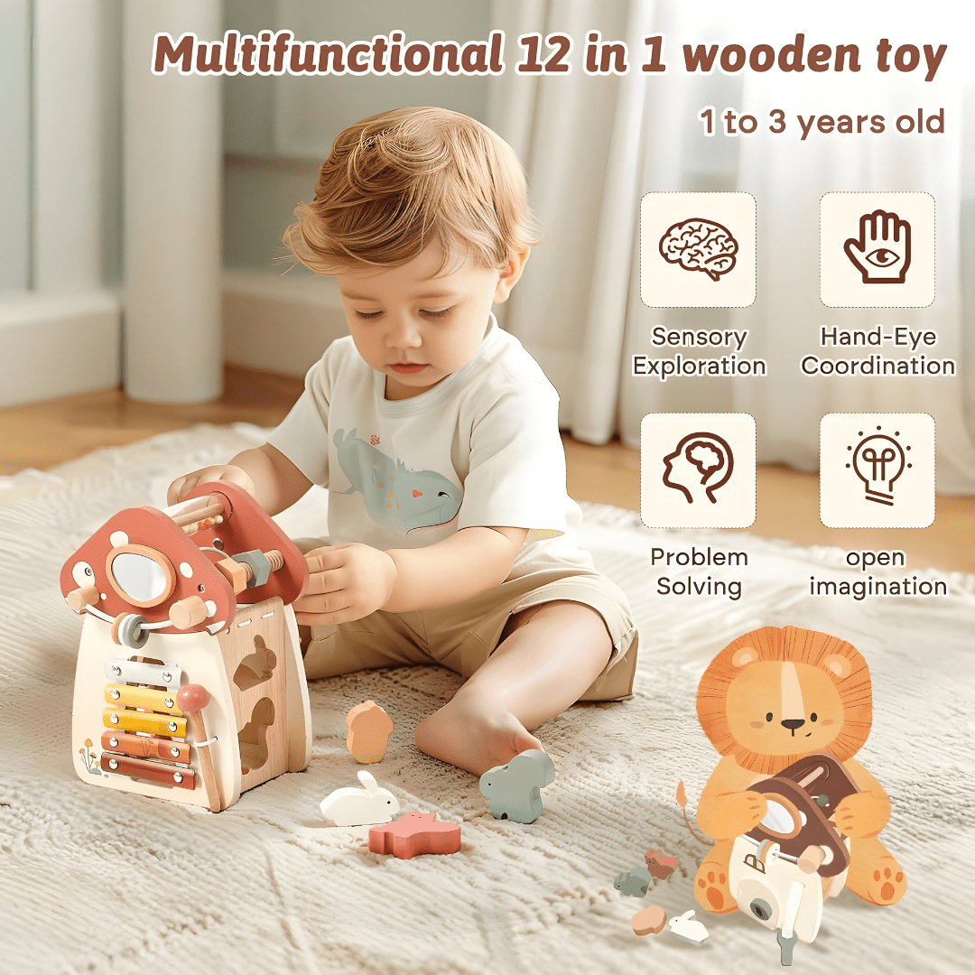 Wooden Mushroom House Activity Cube – 5-in-1 Montessori Busy Toy for Kids
