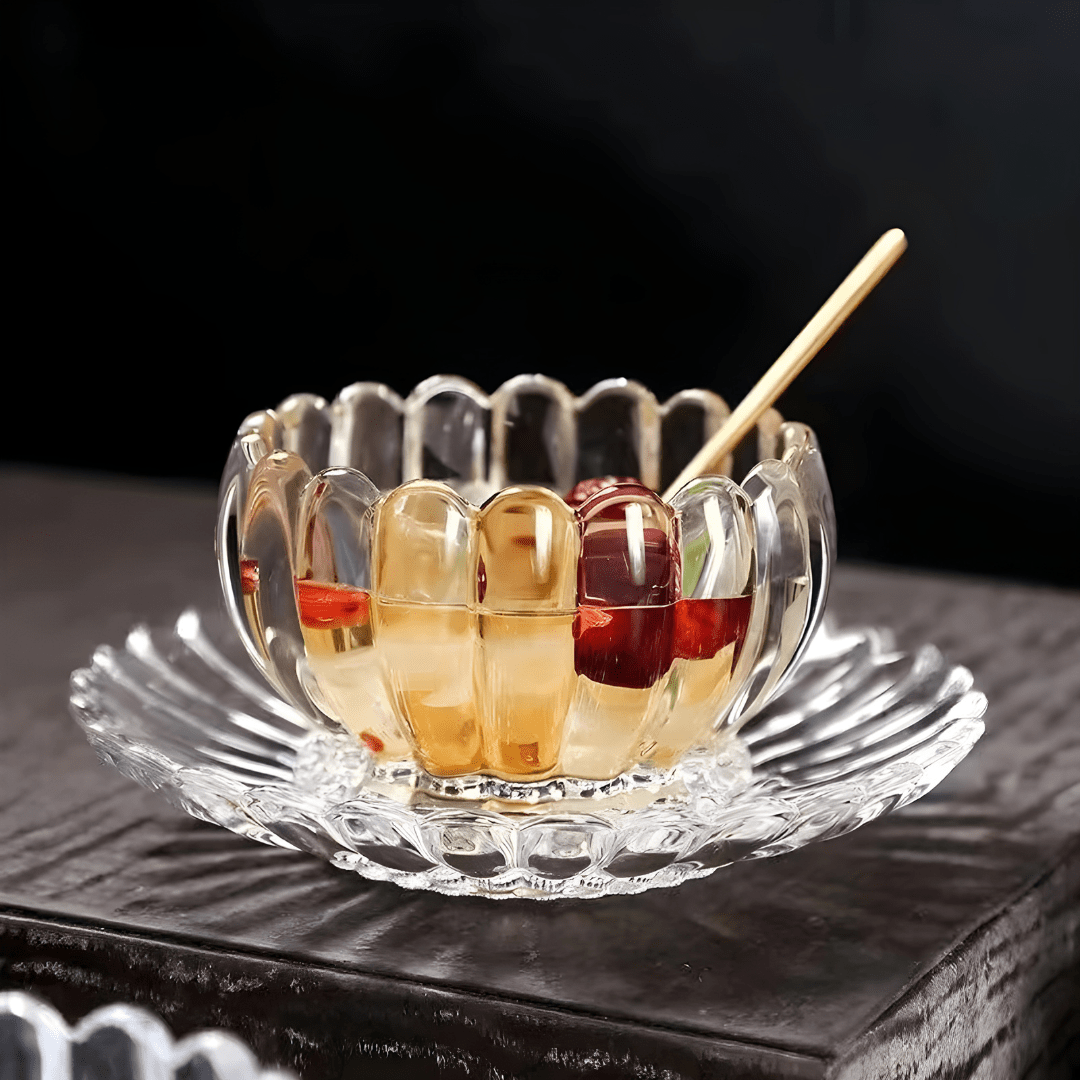 Clear Glass Dessert Bowl with Plate – 220ml Heat-Resistant