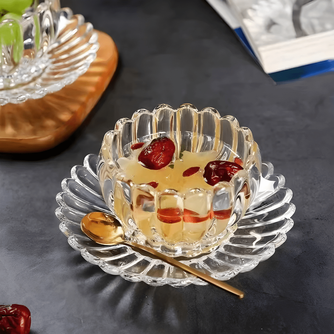 Clear Glass Dessert Bowl with Plate – 220ml Heat-Resistant