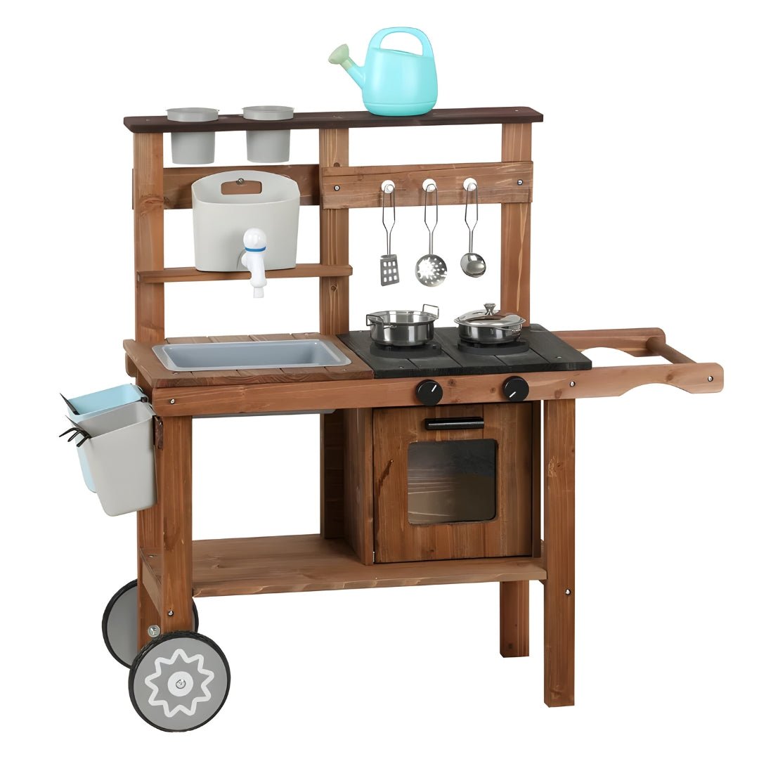 Wooden Backyard Kids Kitchen Set with Wheels & Accessories 3 Years +