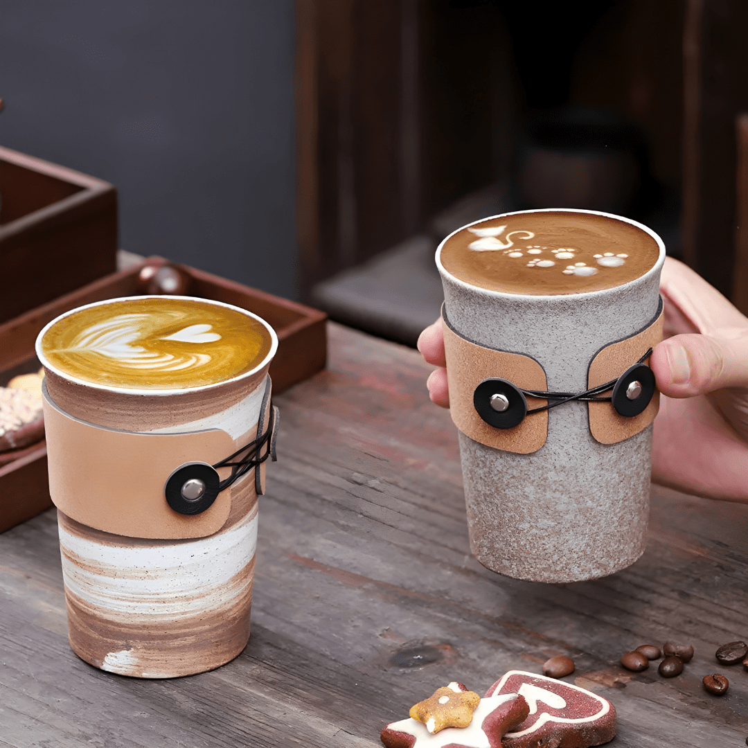 350ml Retro Handmade Ceramic Mug with Leather Sleeve