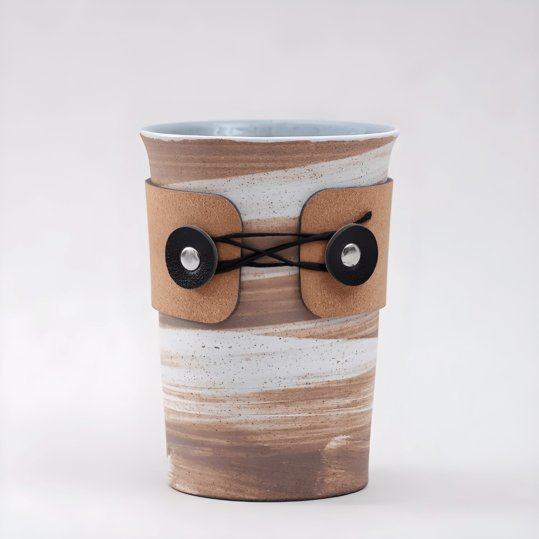 350ml Retro Handmade Ceramic Mug with Leather Sleeve