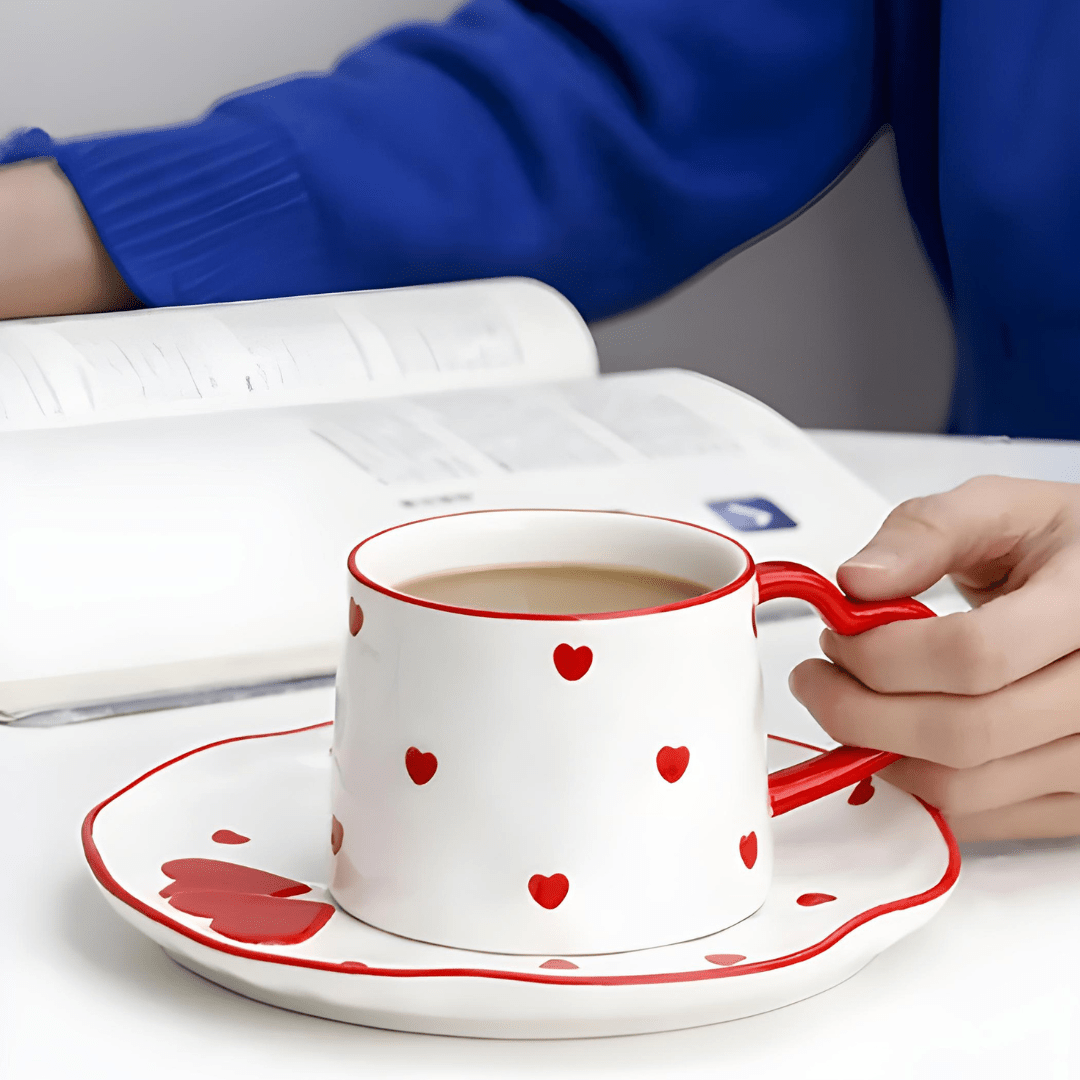 300ml Heart Handle Ceramic Mug with Matching Saucer