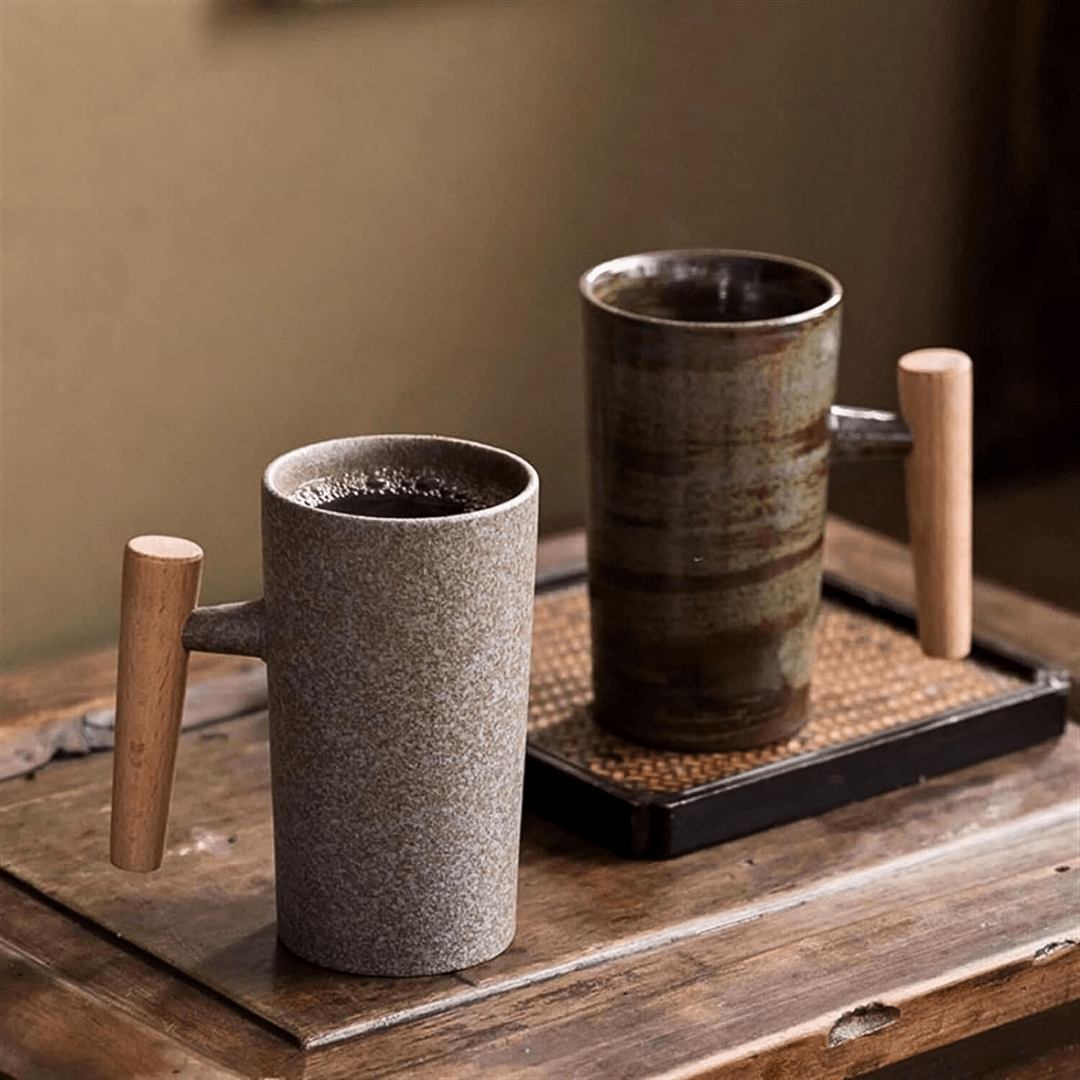 Nordic Earth Ceramic Mug with Wooden Handle – 180ml Japanese Style