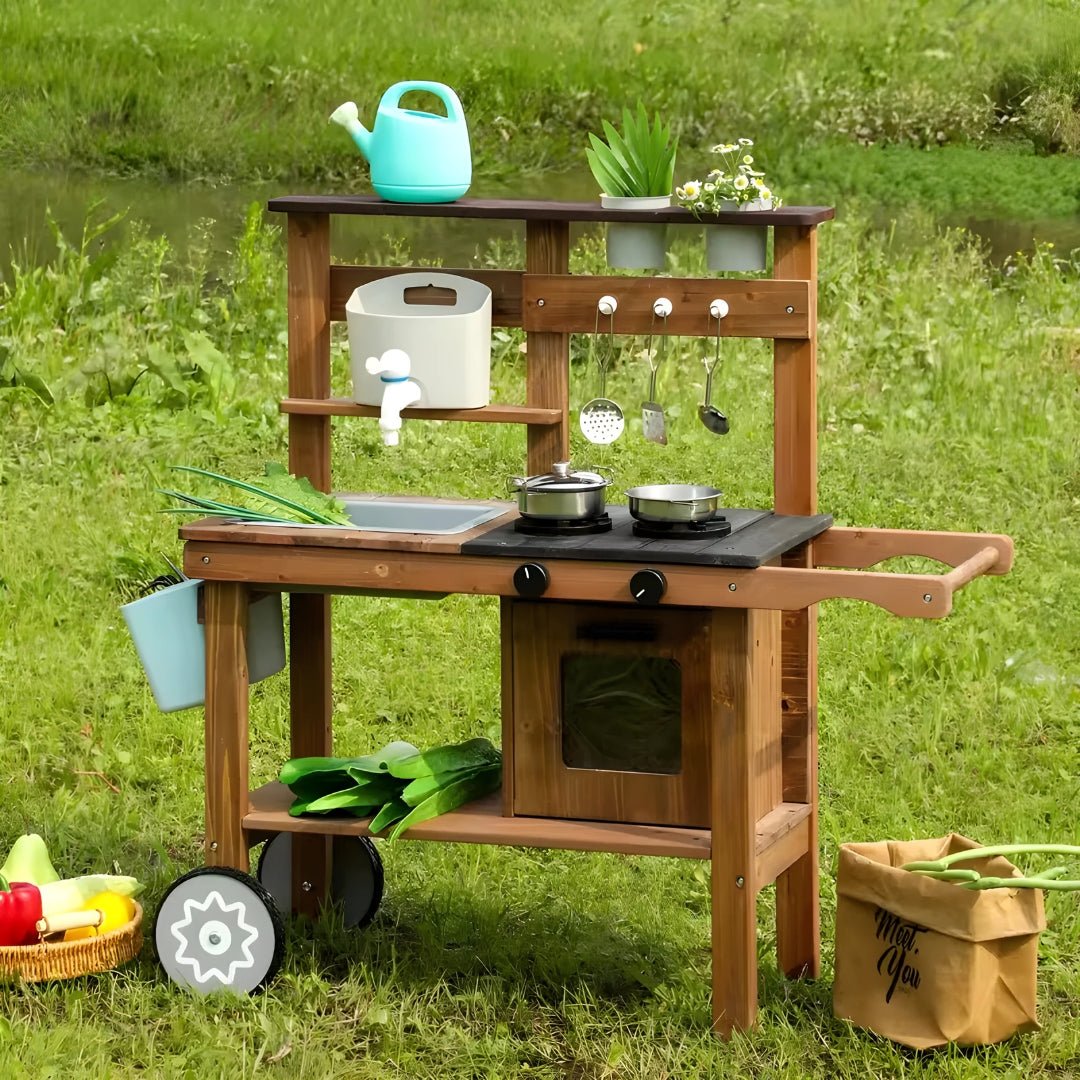 Wooden Backyard Kids Kitchen Set with Wheels & Accessories 3 Years +