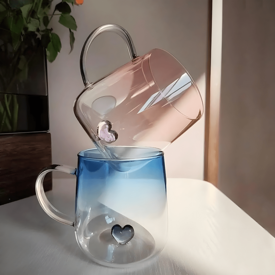 400ml 3d Borosilicate Glass Cup with Heart Detail – Pink or Blue Gradient