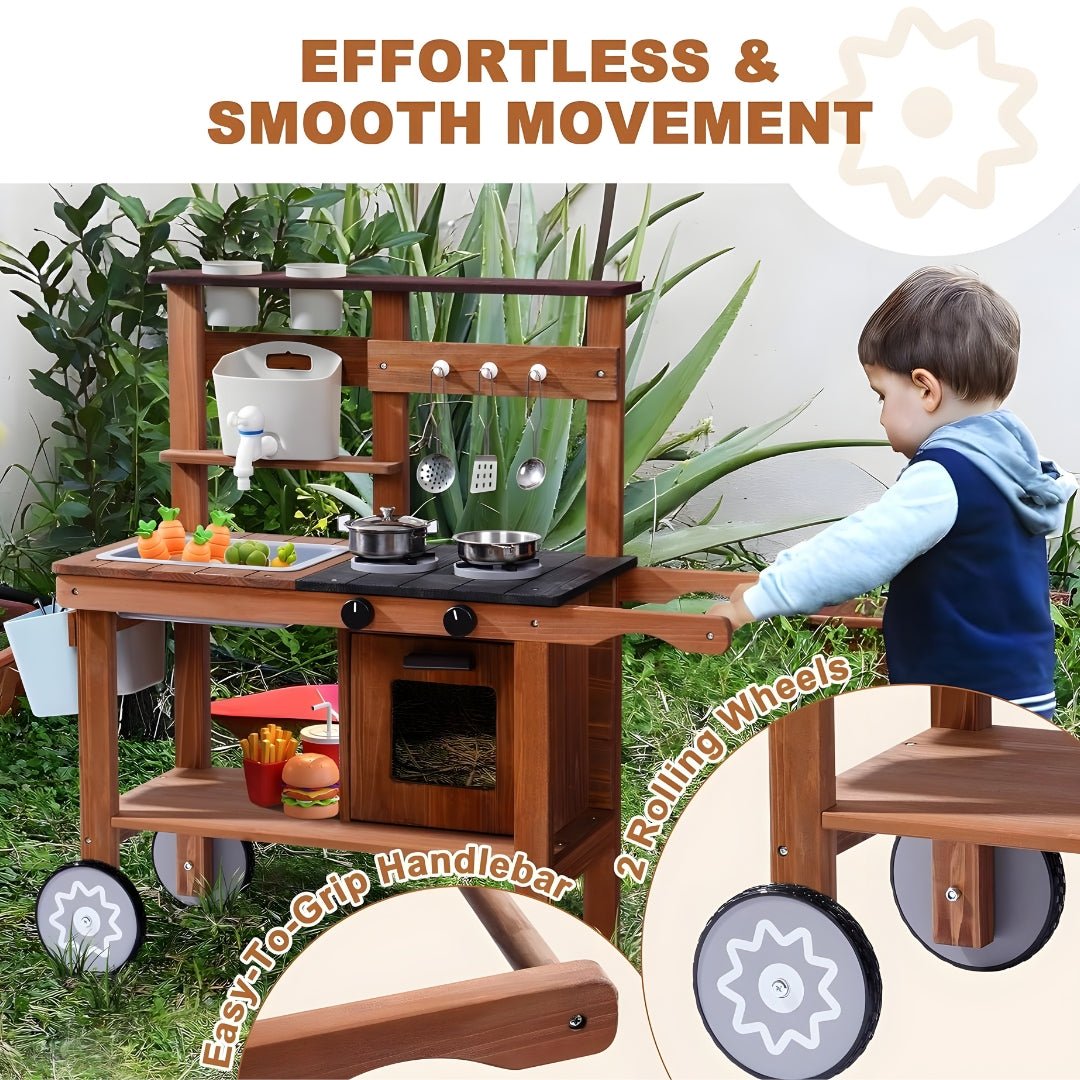 Wooden Backyard Kids Kitchen Set with Wheels & Accessories 3 Years +