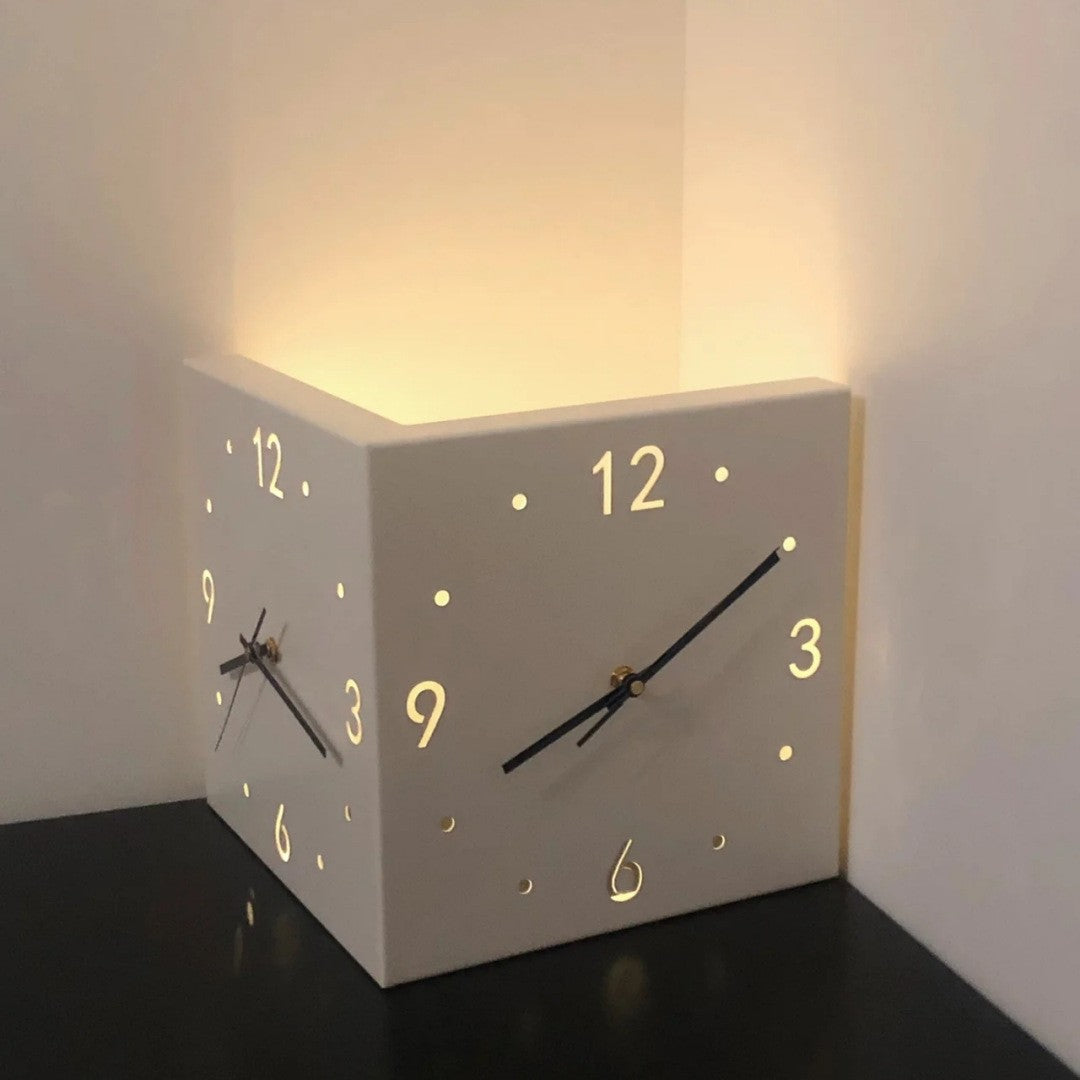 Limited Edition Sensor LED Time Wall Double Corner Clock White Metal 27 x 27 x 27 cm