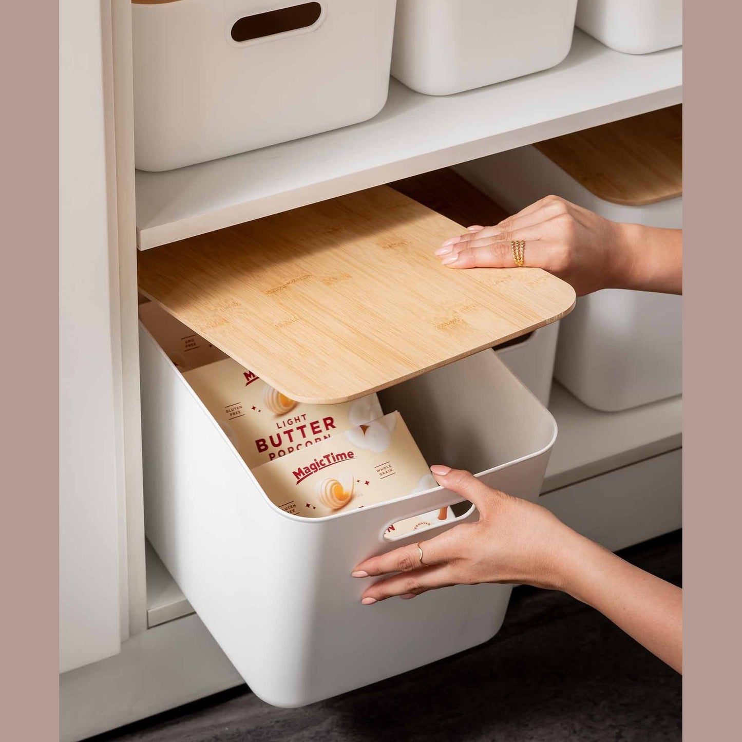 White Storage Tub W/ Bamboo Lid - Medium