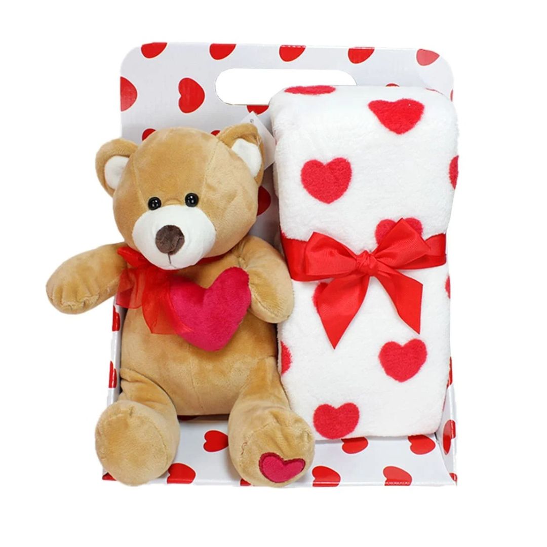 Valentine’s Day Teddy Bear & Heart-Patterned Cuddly Blanket Set