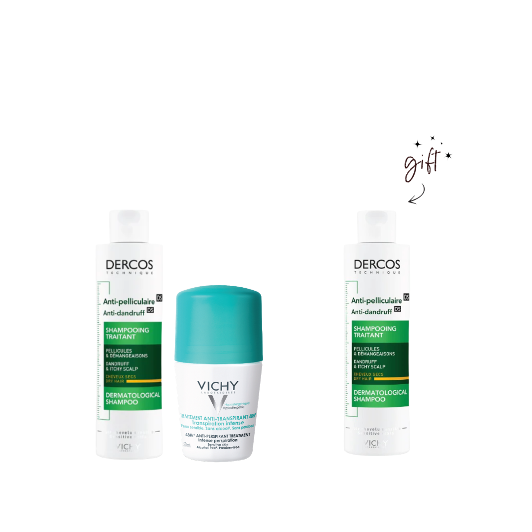Vichy Dercos Shampoo And Anti Perspirant Deodorant + Free Shampoo Bundle