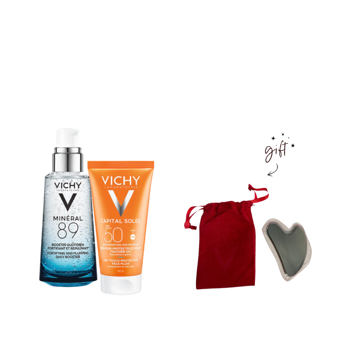 Vichy Mineral 89 HA Serum And Capital Soleil Sunscreen + Free Guasha & Pouch Bundle