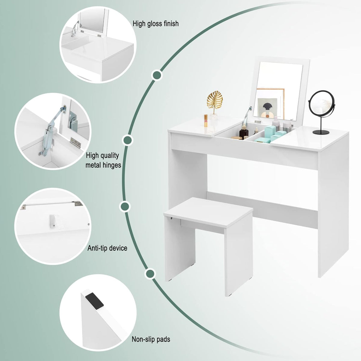 WOLTU dressing table with a flip-up mirror and matching stool