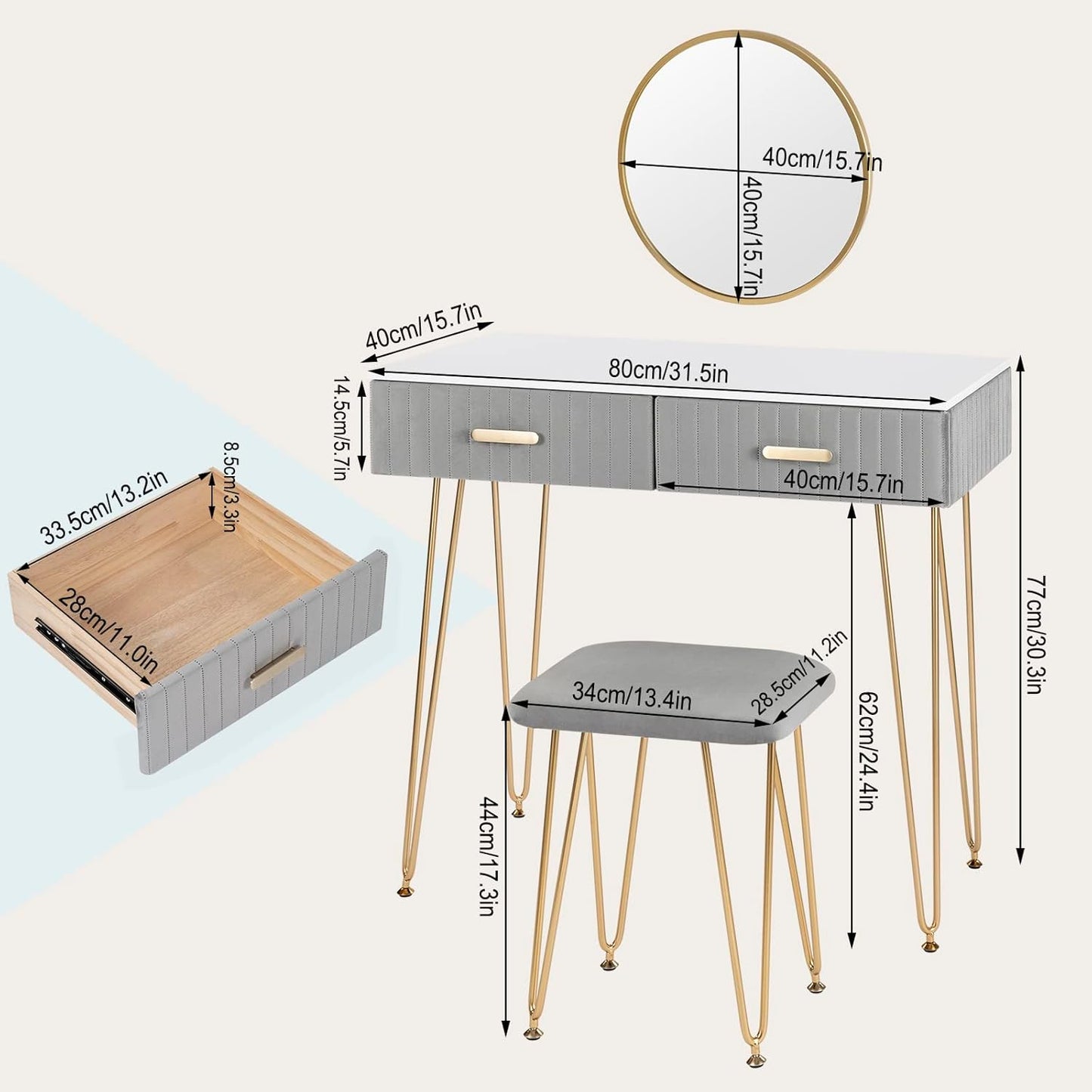 WOLTU Vanity Table with Stool Mirror