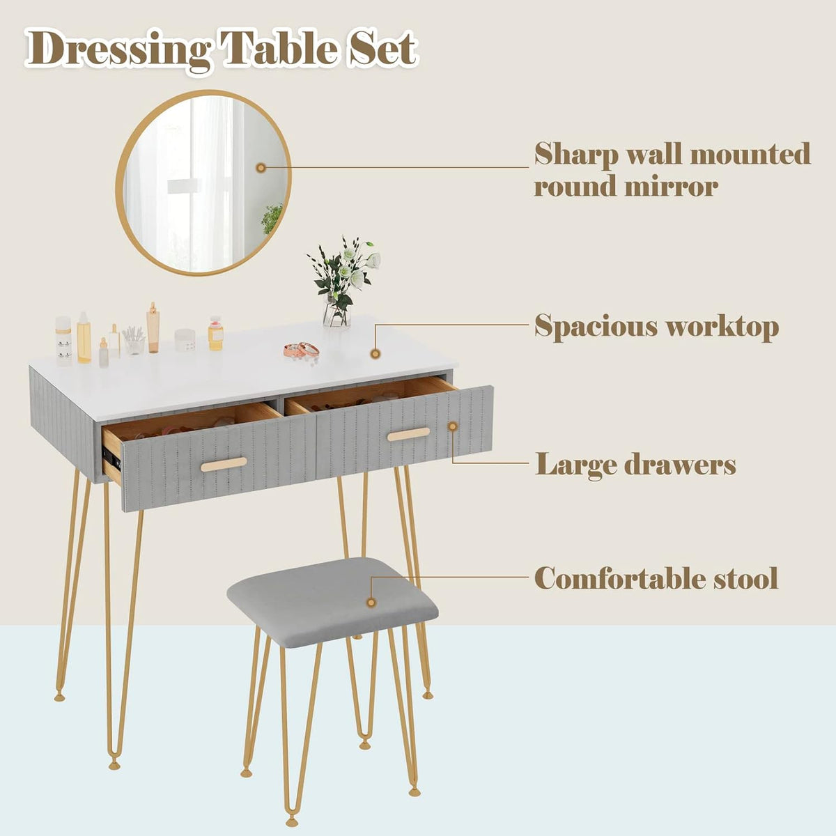 WOLTU Vanity Table with Stool Mirror
