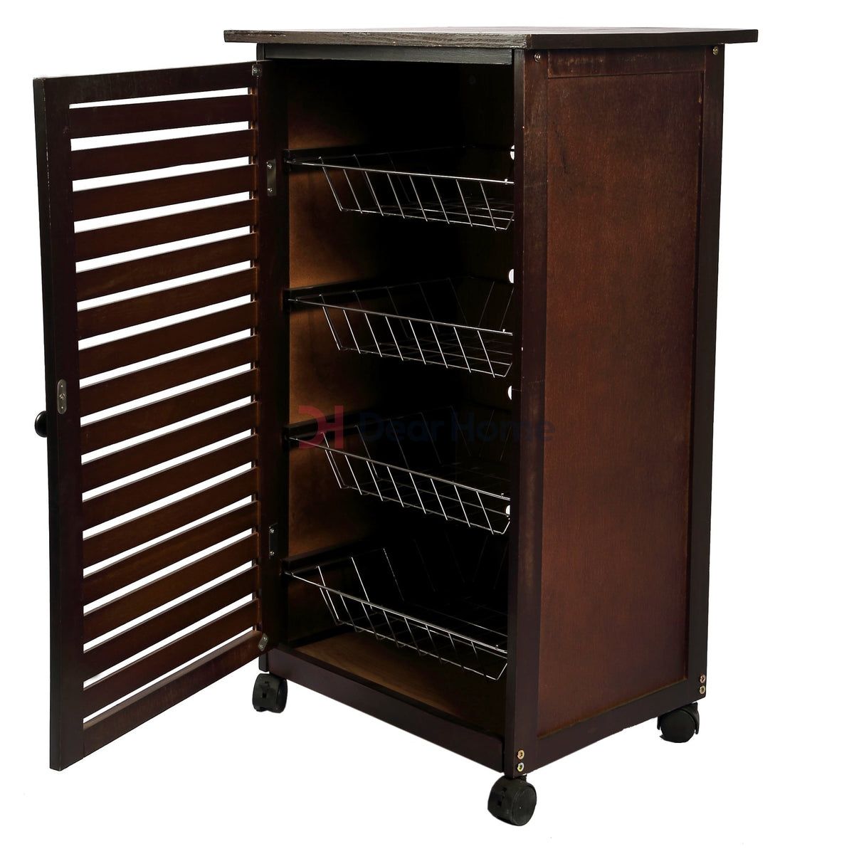 Wood Trolley With 4 Stainless Baskets