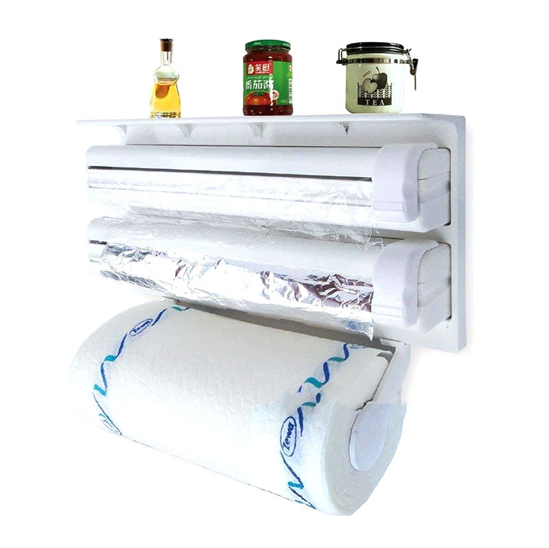 38 CM, Wall Mounted Triple Paper Dispenser with Cutter and Storage Shelf for Cling Film Wrap, Aluminum Foil and Kitchen Paper Roll for Kitchen Usage - Medaid International