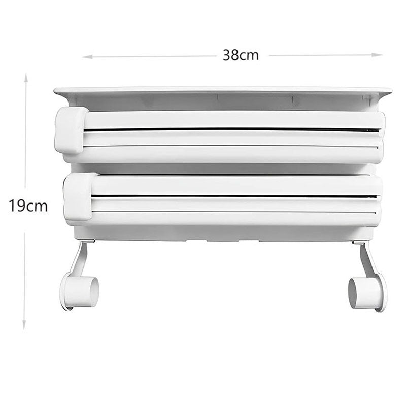 38 CM, Wall Mounted Triple Paper Dispenser with Cutter and Storage Shelf for Cling Film Wrap, Aluminum Foil and Kitchen Paper Roll for Kitchen Usage - Medaid International
