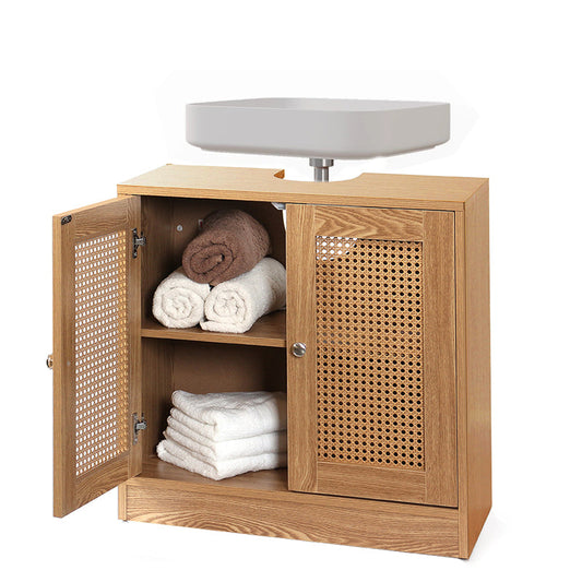 58 CM Waterproof Wooden Bamboo Under Sink Storage Cabinet Wooden Bathroom Sink Cabinet with 2 Rattan Doors Storage and Organizer Bathroom Vanity Beige - Medaid International
