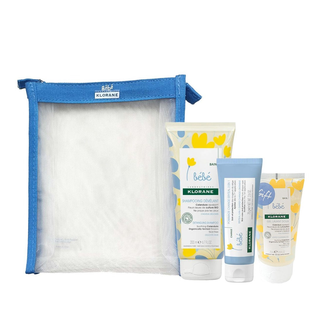 Klorane Baby Bath Kit: Erytheal Diaper Change Ointment 75G + Detangling Shampoo 200ML + Gel Lavant 75ML (Gift) + Mini Bag (Gift) - Medaid International
