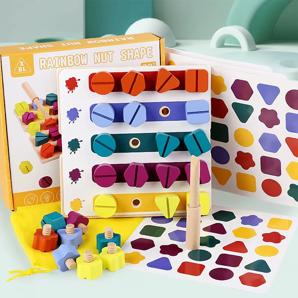 Wooden Puzzle Variable Rainbow Nut Shape Assembly Screw Box Toy