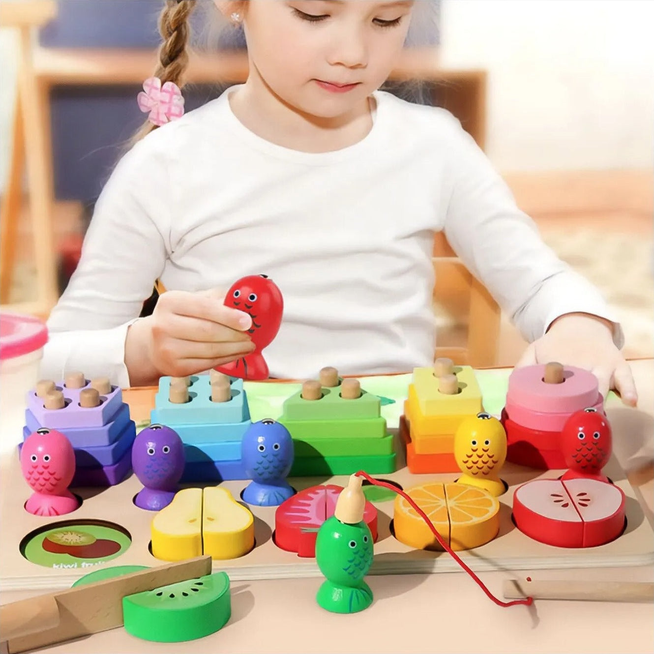 Wooden Puzzle Blocks Fishing Fruits For Cutting With Magnet