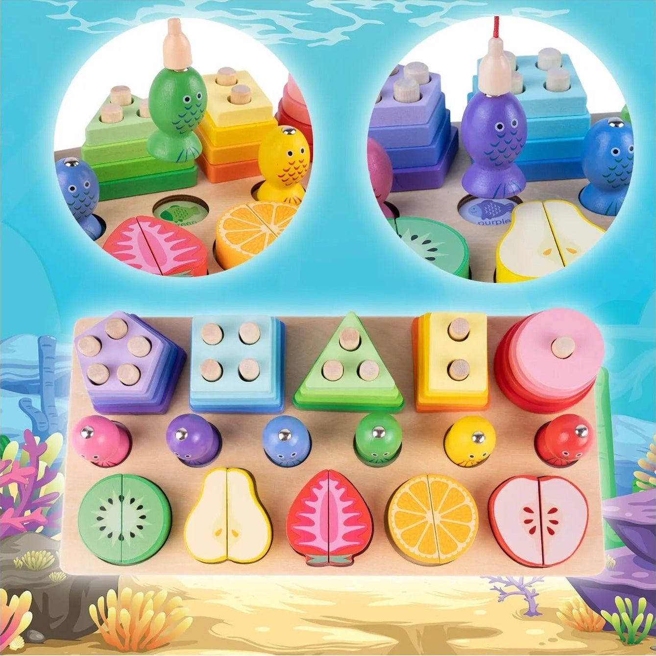 Wooden Puzzle Blocks Fishing Fruits For Cutting With Magnet