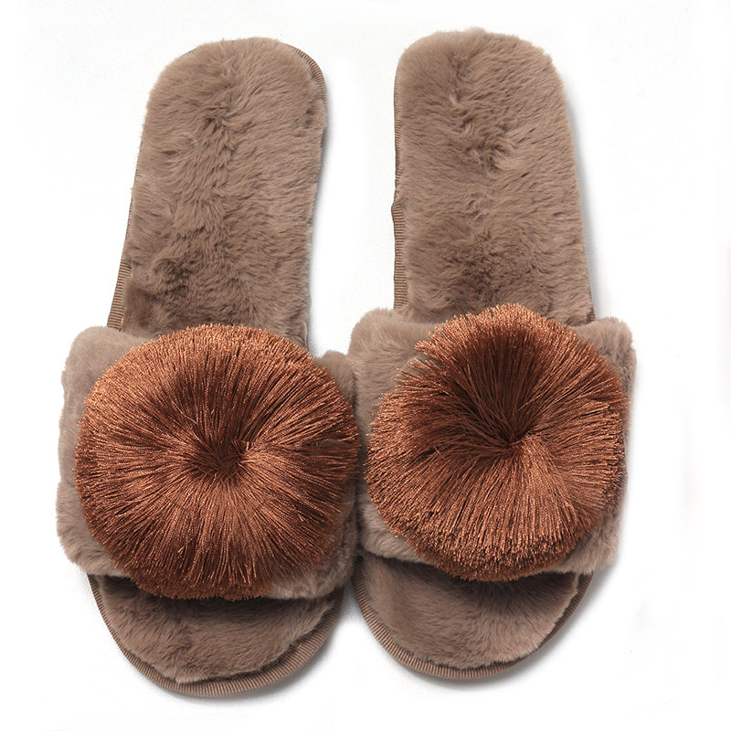 Women's Comfy Soft Plush Open-Toe Slide Slippers with Pom Pom for Indoor Home Bedroom Brown - Image 2