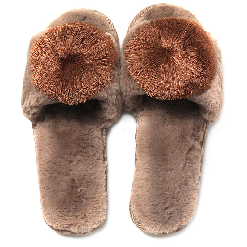 Women's Comfy Soft Plush Open-Toe Slide Slippers with Pom Pom for Indoor Home Bedroom Brown - Image 1