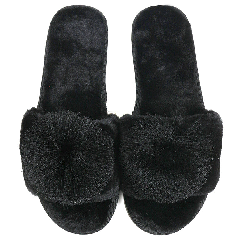 Women's Comfy Soft Plush Open-Toe Slide Slippers with Pom Pom for Indoor Home Bedroom - Image 1