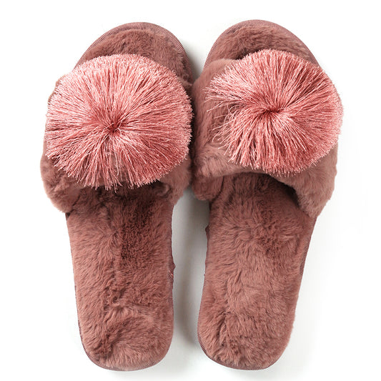 Women's Comfy Soft Plush Open-Toe Slide Slippers with Pom Pom for Indoor Home Bedroom Pink - Image 1
