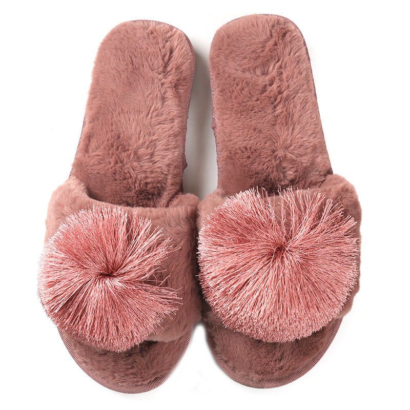 Women's Comfy Soft Plush Open-Toe Slide Slippers with Pom Pom for Indoor Home Bedroom Pink - Image 2