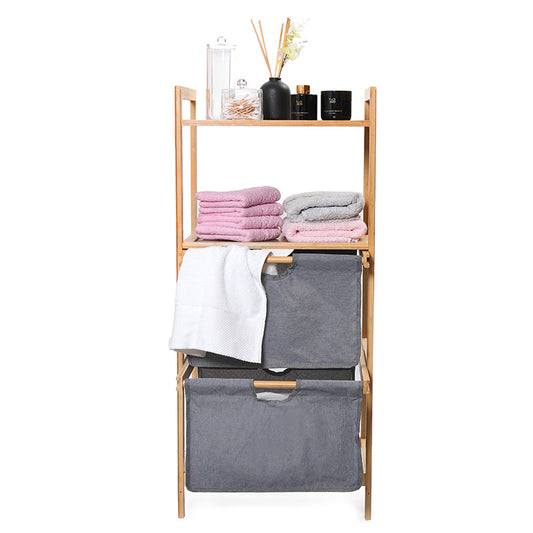 96 CM Wooden Bamboo Laundry Basket Shelves Storage Drawers with Fabric Cloth Removable Baskets 2 Tier Organizer Shelf for Bathroom and Bedroom - Medaid International