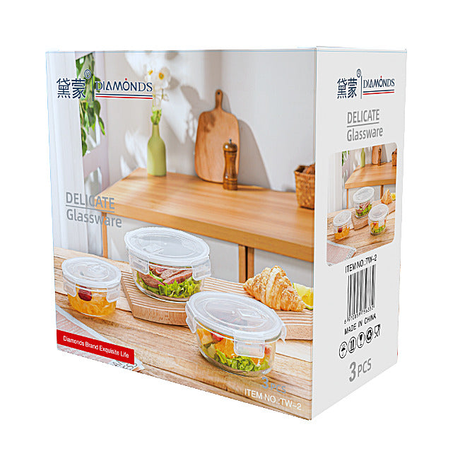 3pcs Round Glass Food Box Set X1160