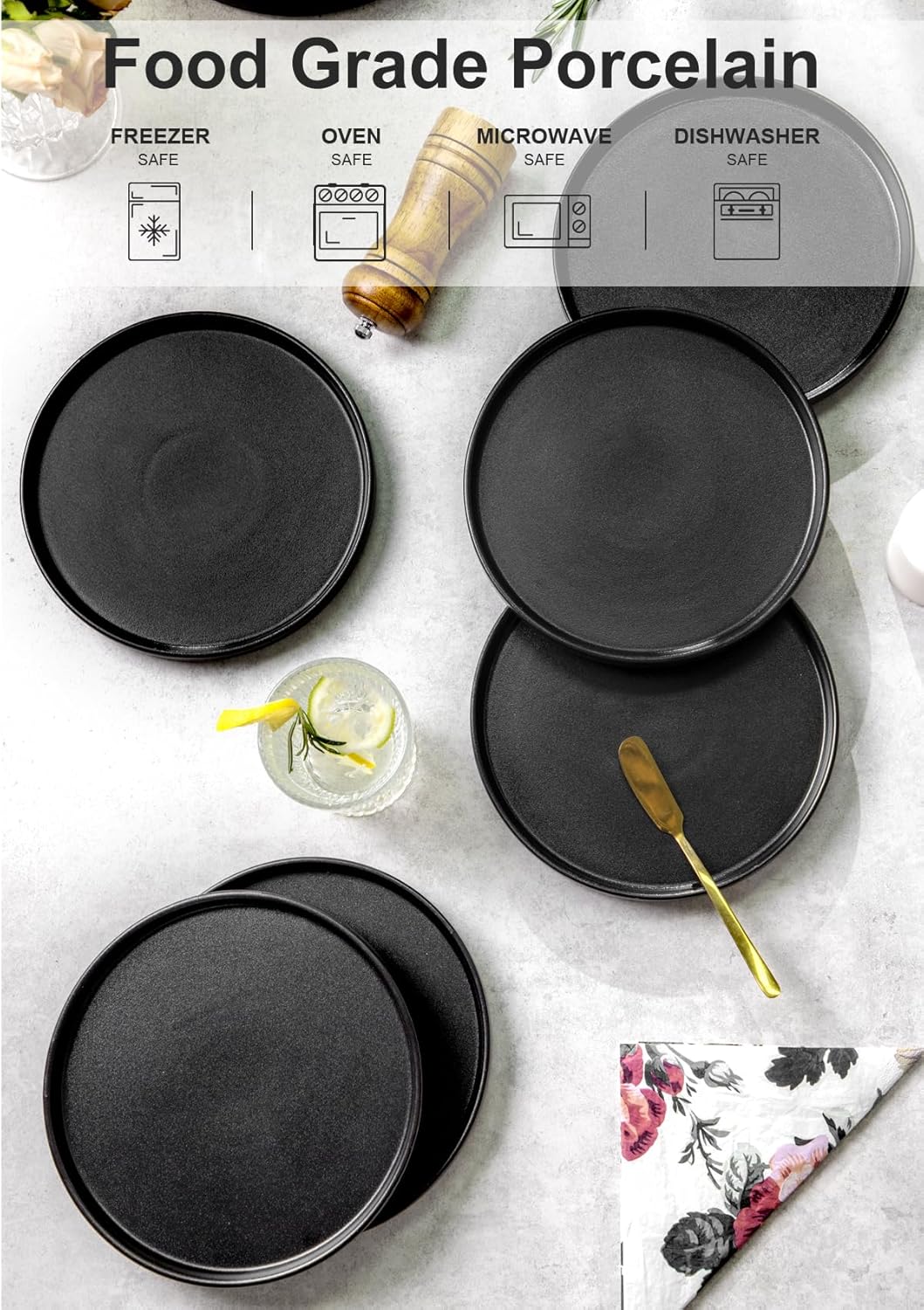 Black 6pcs 8" Stoneware Flat Plate X1206