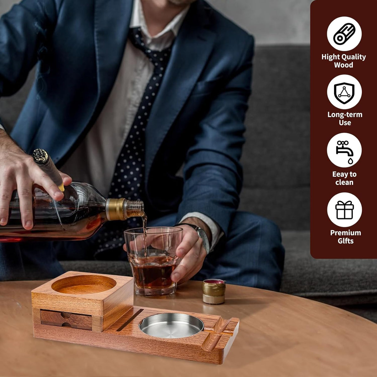 Wood Cigar Ashtray & Cup Holder X1312