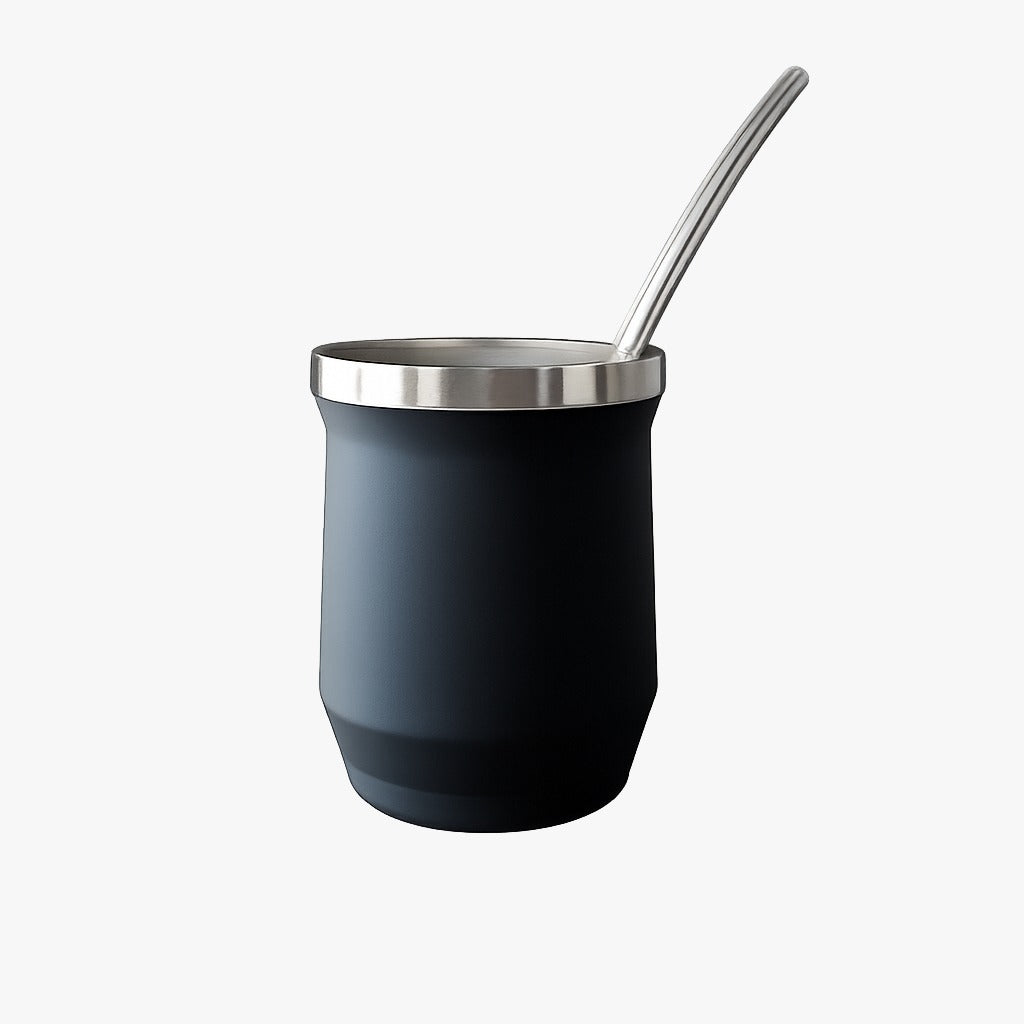 Black 180ml Mate Double Wall Stainless Cup + Stainless Straw  X1439