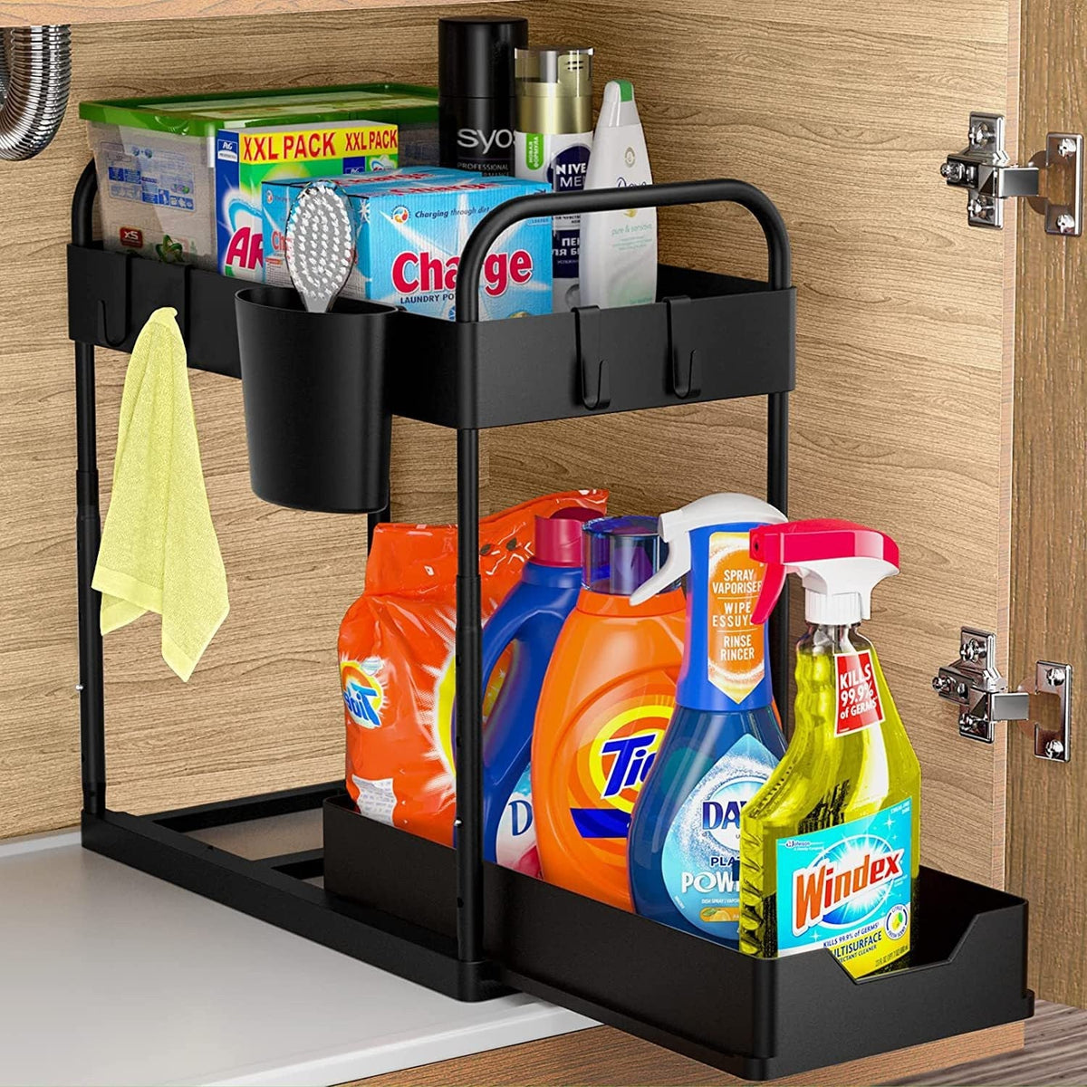 Under Sink Double Layer Sliding Storage Basket Black Organiser No. 6814 X1524