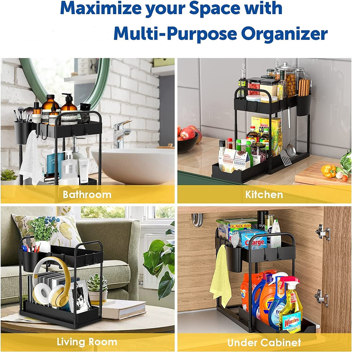 Under Sink Double Layer Sliding Storage Basket Black Organiser No. 6814 X1524