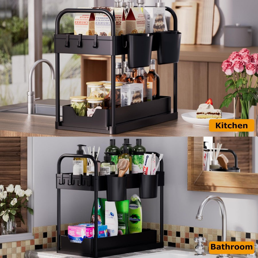 Under Sink Double Layer Sliding Storage Basket Black Organiser No. 6814 X1524