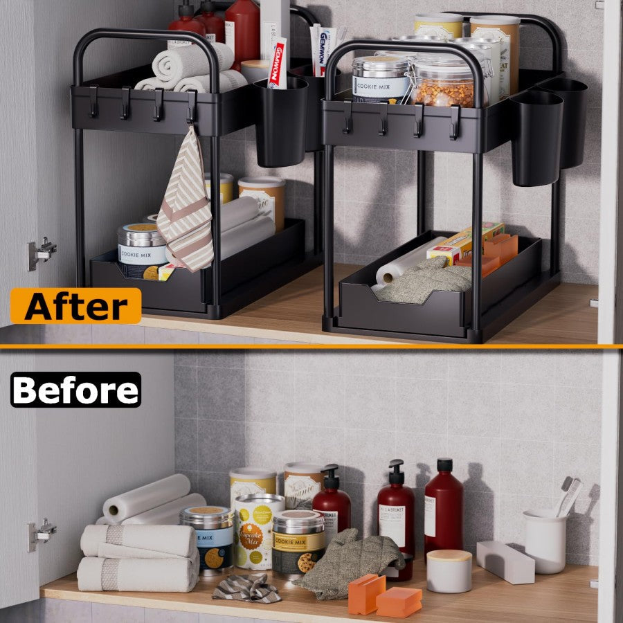 Under Sink Double Layer Sliding Storage Basket Black Organiser No. 6814 X1524