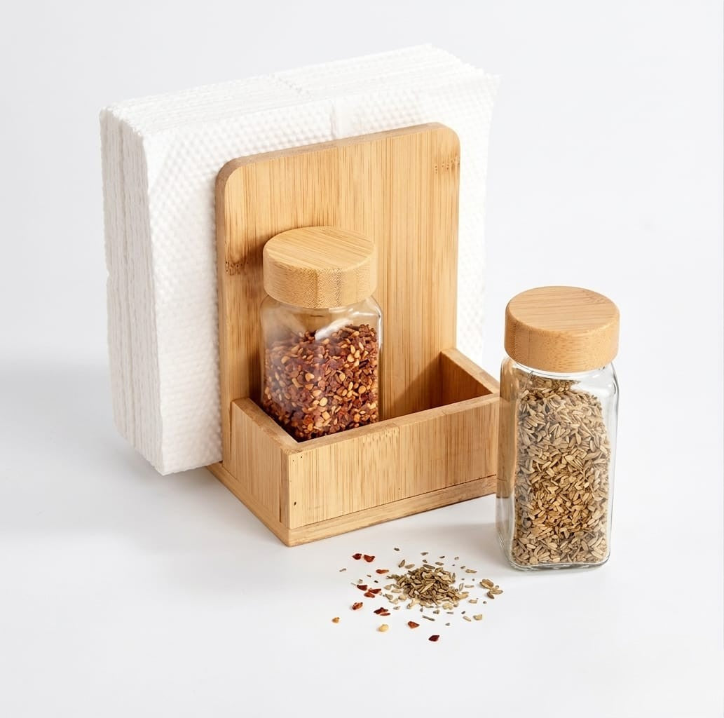 Wood Napkin Holder Stand With 2 Glass Salt and Pepper Shaker X1547