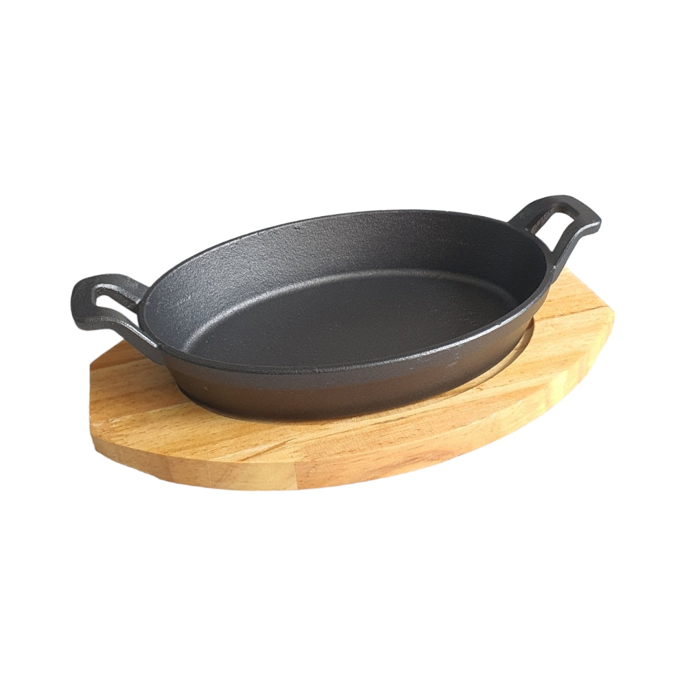 STEAK CAST IRON SIZZLER WITH WOOD BASE  X308