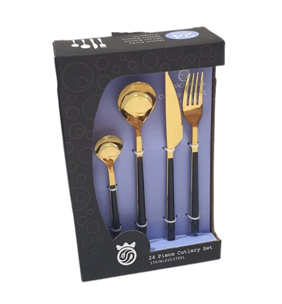24PCS GOLD CUTLERY SET WITH BLACK HANDLE  X450