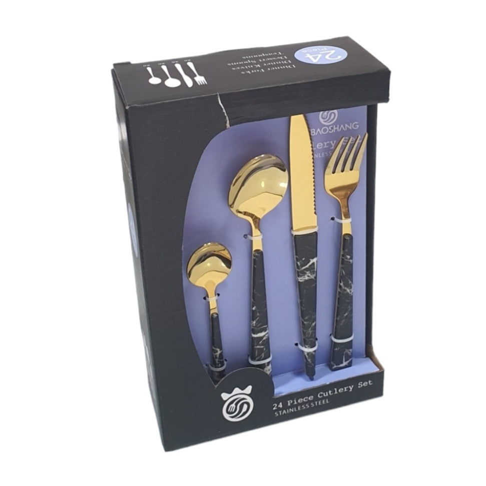 24PCS GOLD CUTLERY BLACK MARBLE HANDLE  X452