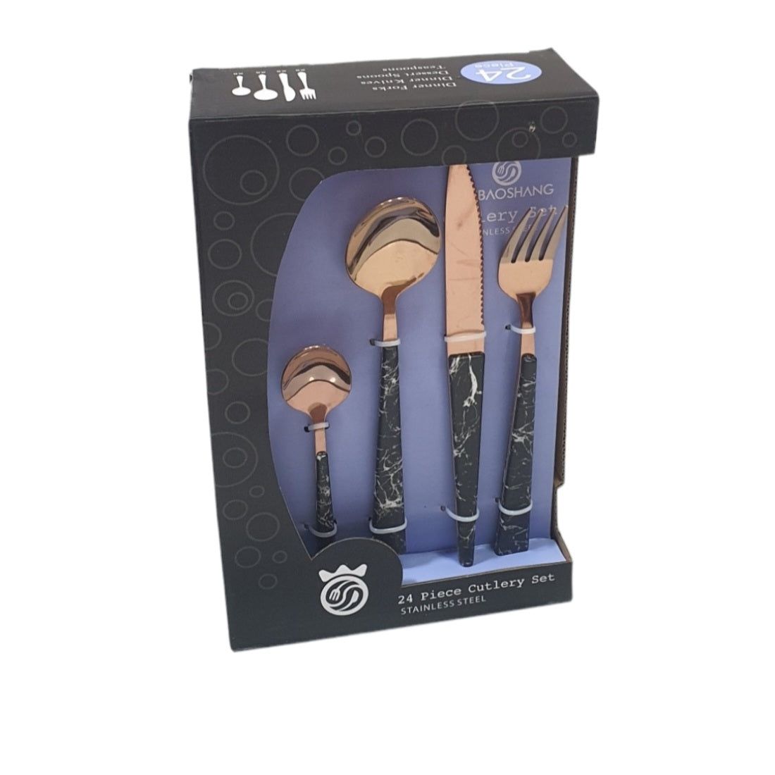 24PCS ROSE GOLD CUTLERY SET BLACK MARBLE HANDLE  X453